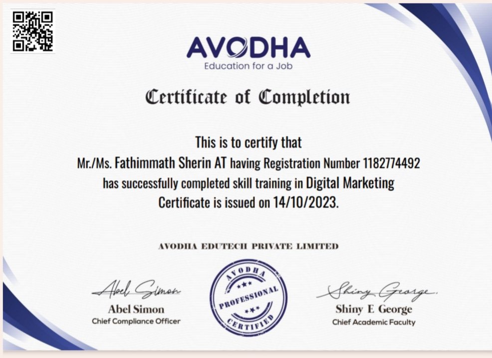 Digital Marketing course completion certificate from Avodha