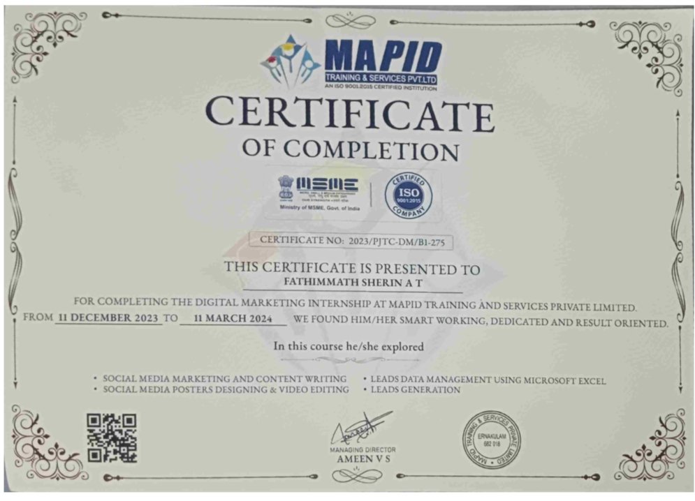 Digital Marketing Internship completion certificate from Mapid.