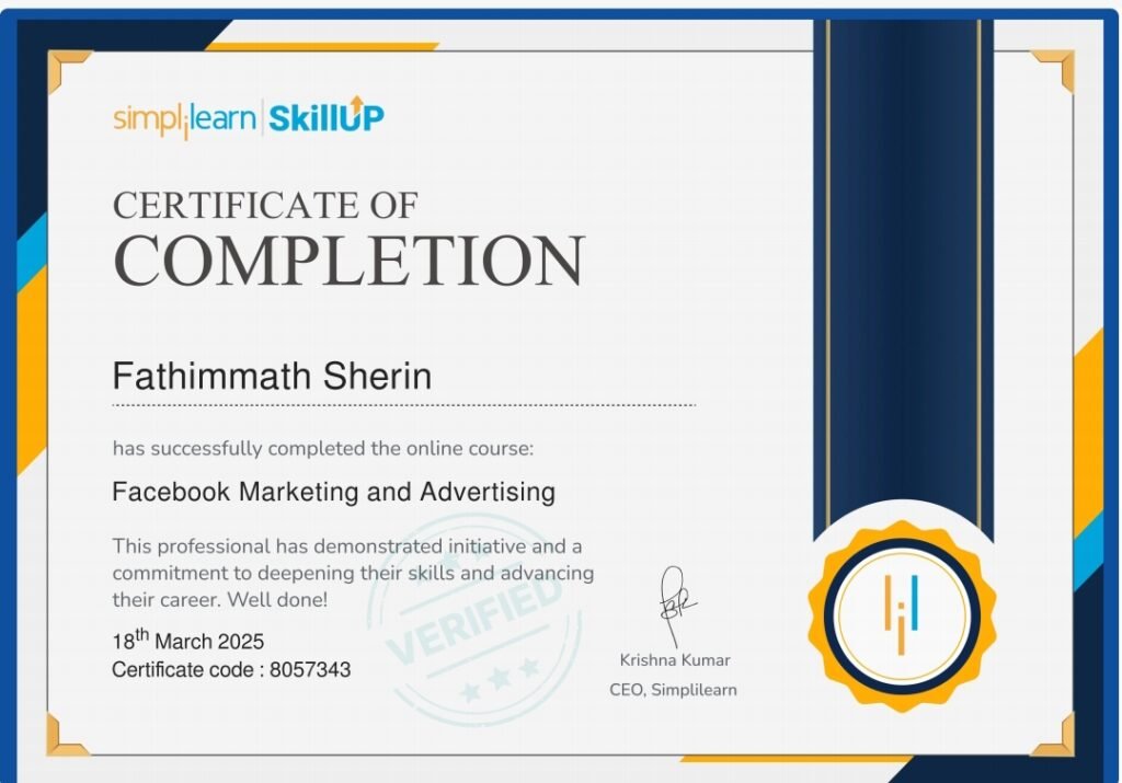 Facebook Marketing and Advertising certificate from Simplilearn SkillUp awarded to Fathimmath Sherin

