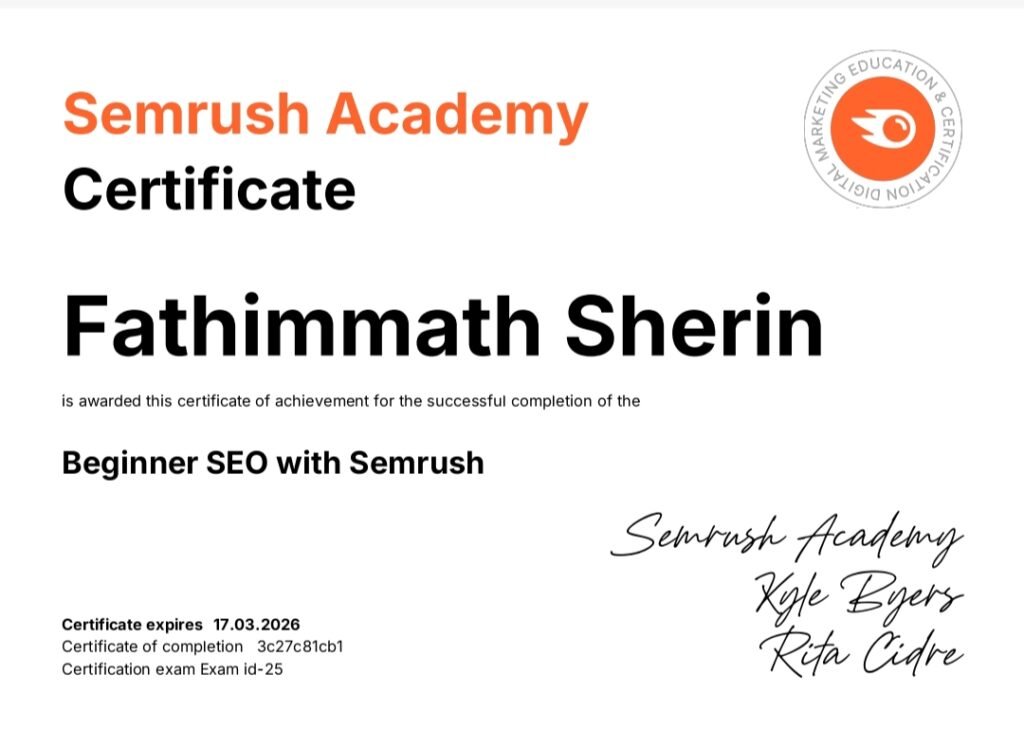 Beginner SEO with SEMrush certificate awarded to Fathimmath Sherin