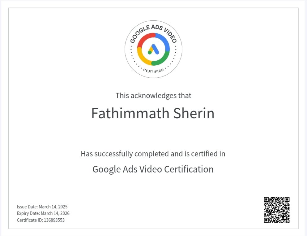 Google Ads Video Certification awarded to Fathimmath Sherin