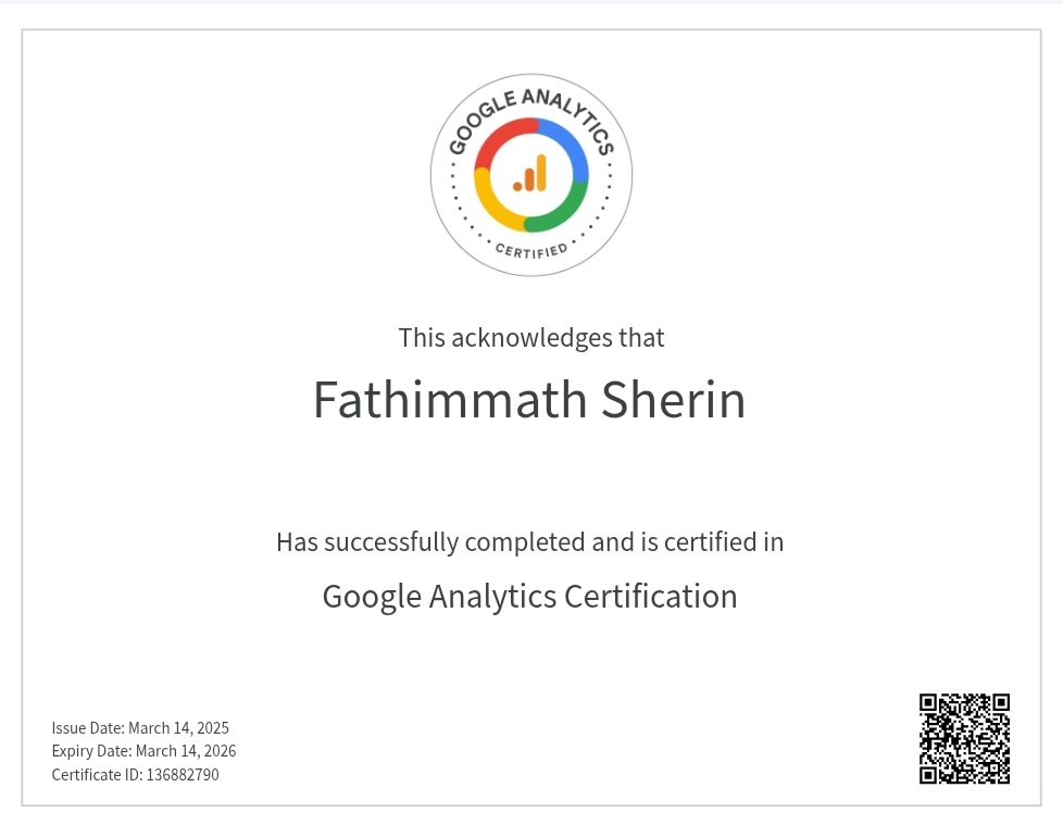 Google Analytics certificate awarded to Fathimmath Shein