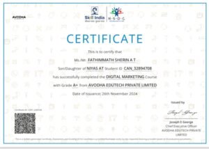 Digital Marketing Course Completion Certificate from NSDC and Skill India awarded to Fathimmath Sherin