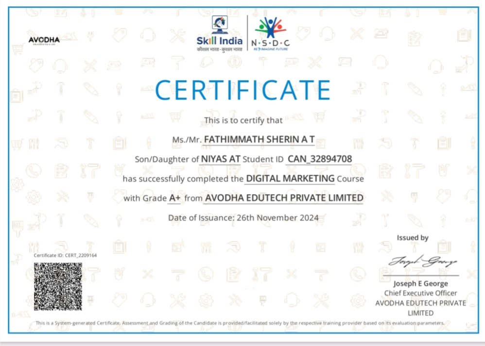 Digital Marketing Course Completion Certificate from NSDC and Skill India awarded to Fathimmath Sherin